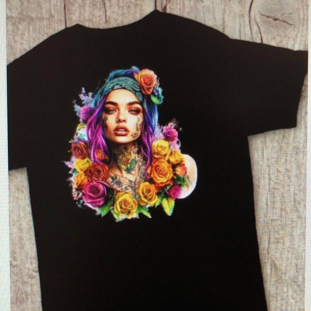 Black Tee with Colorful Floral Portrait Graphic